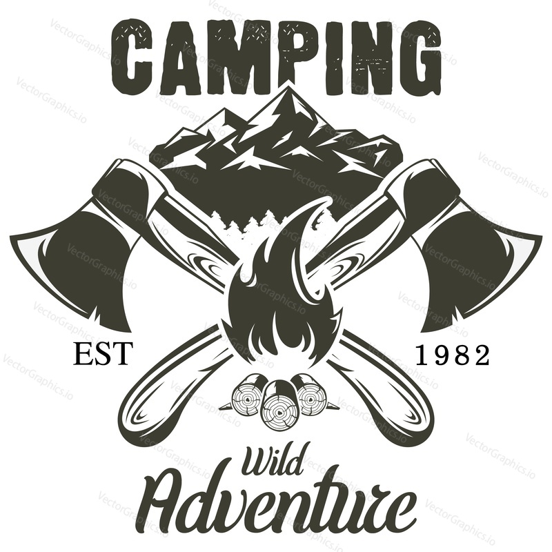 Camping and wild adventure vintage logo vector. Crossed axe and camp bonfire on mountain landscape isolated on white background. Summer outdoor travel on nature badge