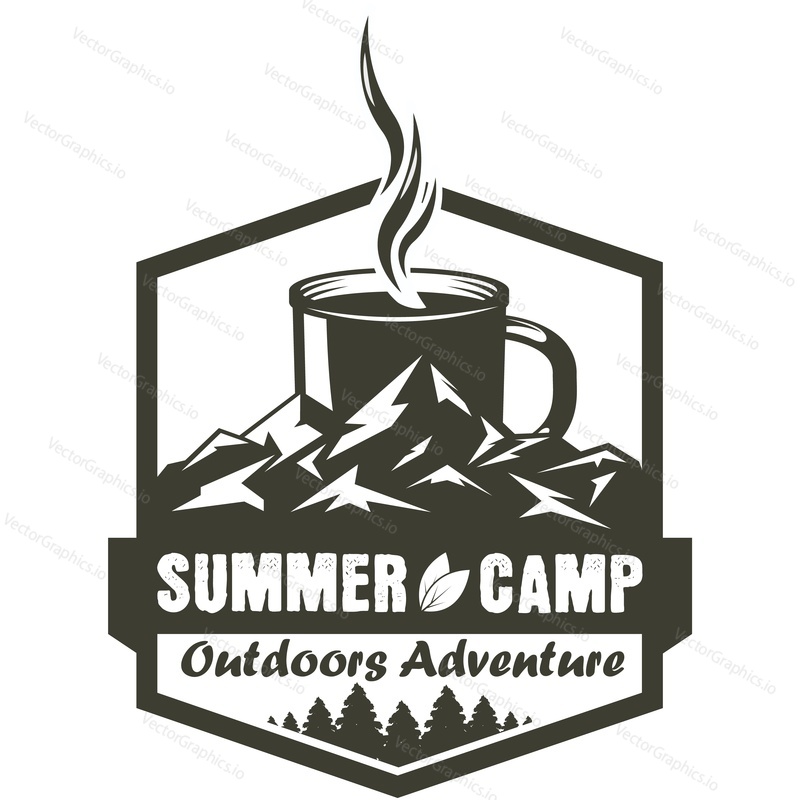 Summer camp vintage logo with steaming tea mug over mountain peak. Outdoor adventure in wild forest camp badge isolated on white background. Eco travel and tourism