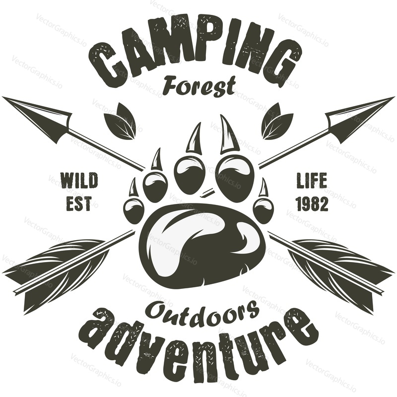 Camping in forest vintage label. Wild camp and outdoor adventure retro vector logo. Hunting club badge with arrow and animal pad isolated on white background