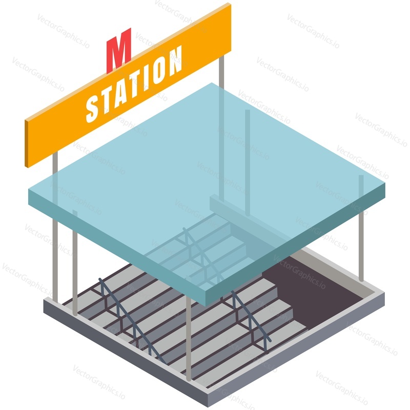 Изометрический вектор входа в метро. Здание входа на железнодорожную станцию метро, выделенное на белом фоне. Современная архитектура общественного метрополитена
