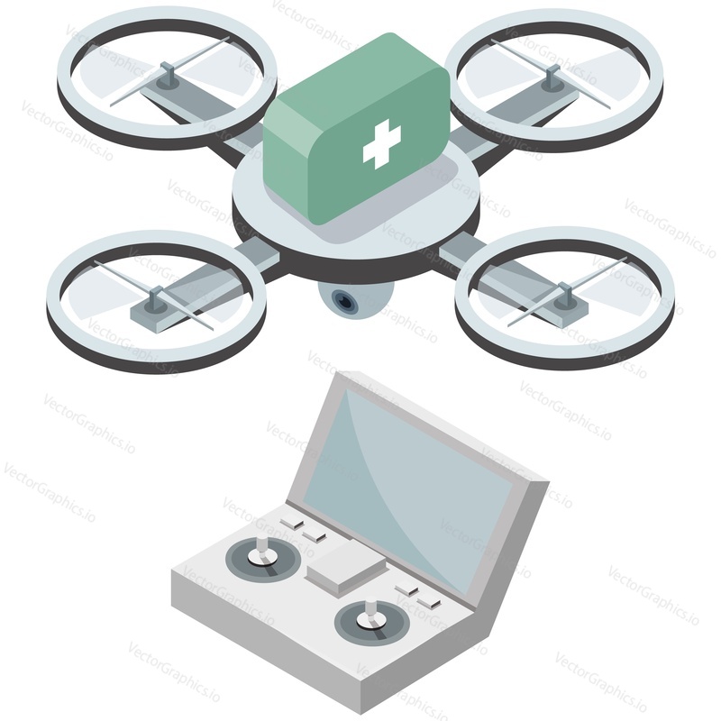 Drone delivery pharmacy service isometric vector. Medical help, fast medication transportation and drugstore purchase box aircraft shipping. Safe shopping. 3d quadcopter with radio remote control