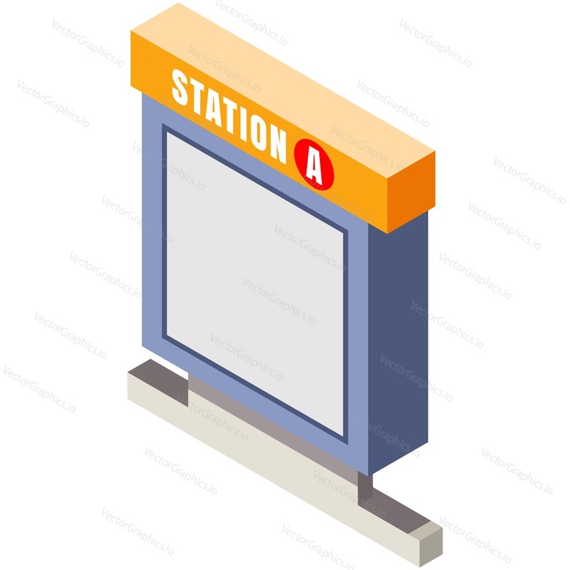 Metro subway station billboard isometric vector. Blank empty glass road board mockup isolated on white background