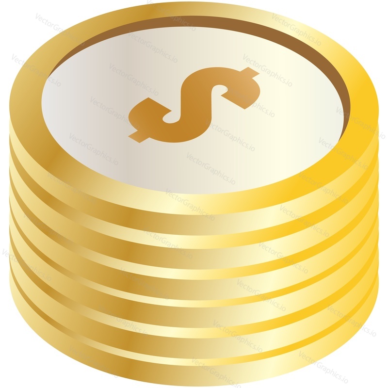 Gold money coin stack vector icon. Dollar cash tax, income or payment symbol isolated on white background. Bank and banking, financial and success sign