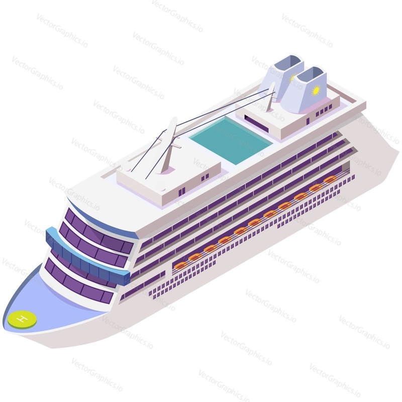 Isometric cruise ship boat vector illustration. Modern passenger liner cruiser isolated on white background. Nautical travel water transport