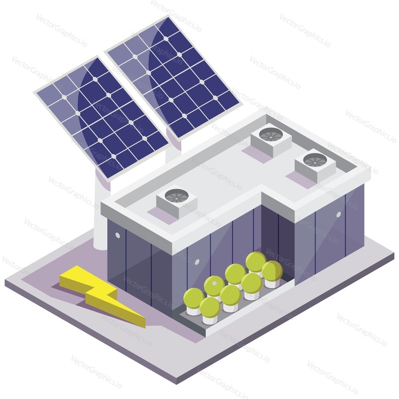 Smart grid City energy solární elektrárna vektorové ikony. Izometrická budova s fotovoltaickým panelem pro udržitelnou výrobu zelené elektřiny 3D ilustrace