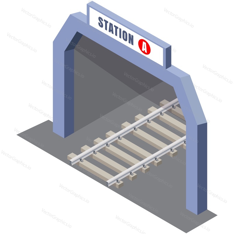 Metro underground station entrance vector. Isometric subway tunnel illustration. Railroad line part. Perspective isolated on white background