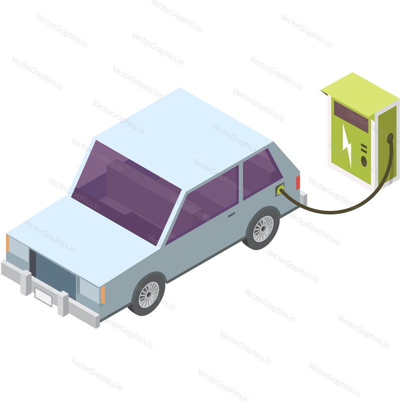 Auto elektrická stanice nabíječka vektorové izometrické ikona. Eco baterie s zelené energie paliva pro ev automobil dobíjení 3D ilustrace izolovaných na bílém pozadí