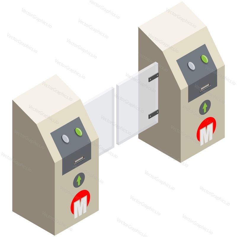 Gate ticket machine metro zařízení izometrický vektor. Vlak stanice metra vstupní bariéra. Automatický podzemní přístupový systém izolovaných na bílém pozadí