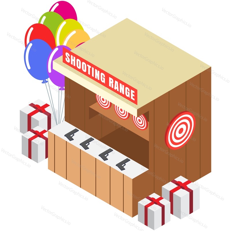 Shoot game carnival target booth isometric vector. Amusement park funfair and circus playground shooting range isolated on white background