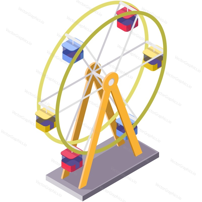 Isometric ferries wheel 3d vector. Carousel amusement park, fairground carnival or circus attraction for kids isolated on white background