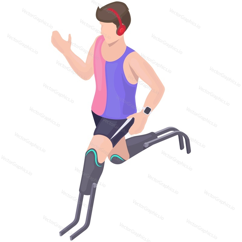 Disabled man runner with prosthetic leg vector. Isometric amputee male athlete with artificial limb prosthesis jogging. Handicapped people healthy lifestyle and sport isolated on white background