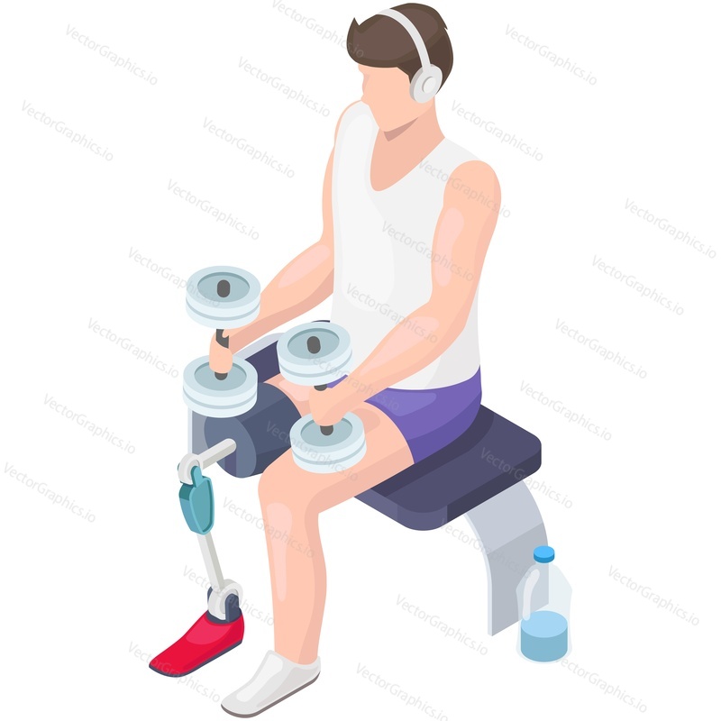 Amputee man with prosthetic leg training with dumbbells at gym isometric vector. Disabled people and sport, fitness workout and muscle pumping for handicapped person isolated on white background