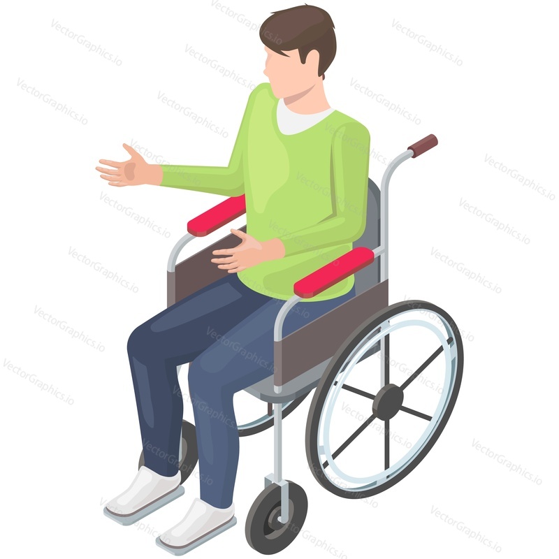 Disabled man in wheelchair isometric vector. Handicapped patient character sitting in wheel chair isolated on white background. Injured or paralyzed person