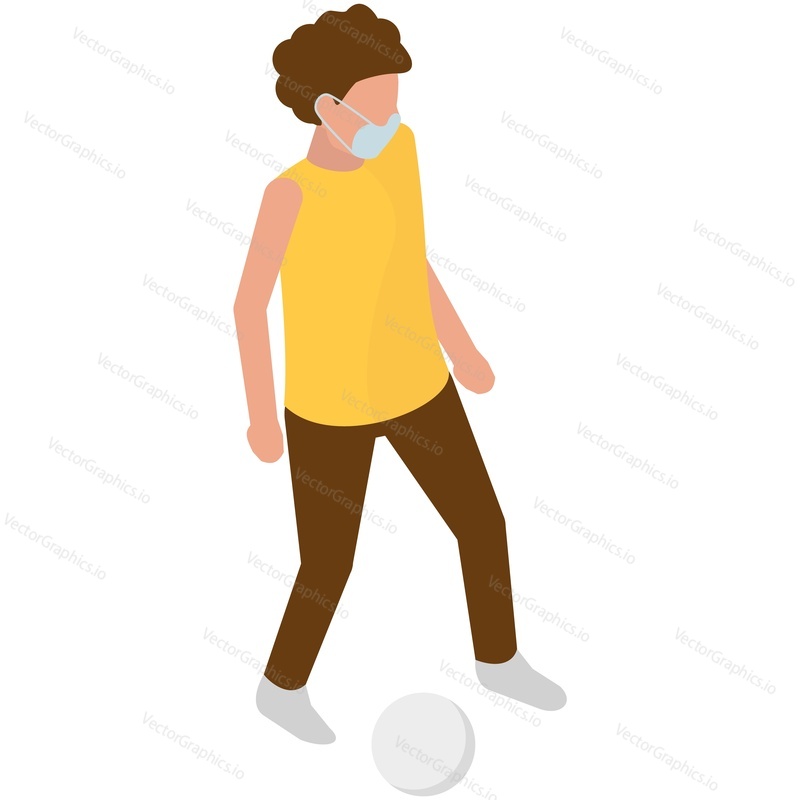 Child in face mask isometric vector character. Kid health protection from coronavirus covid or air environment pollution. Student playing ball isolated on white background