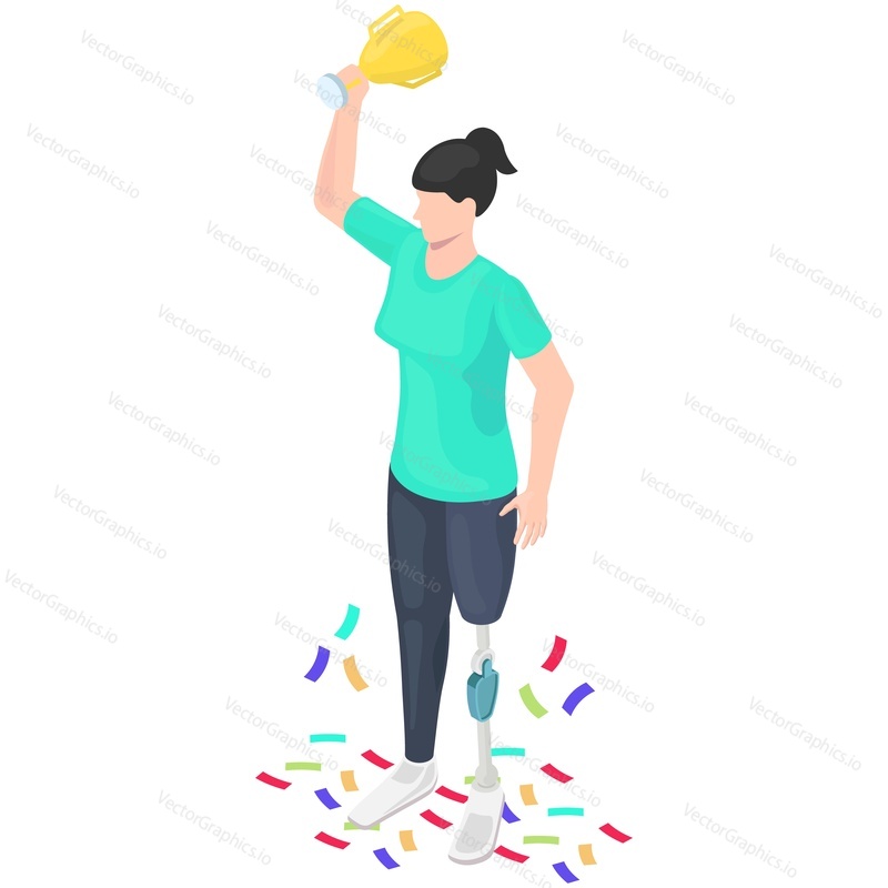 Woman disable with prosthetic leg win isometric vector. Disability, prosthesis and sport illustration. Young disabled people and competition success isolated on white background