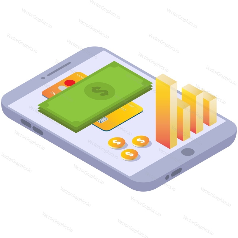 Mobile bank app icon vector. Isometric smartphone screen with graph chart card transaction and financial transfer accounting illustration isolated on white background