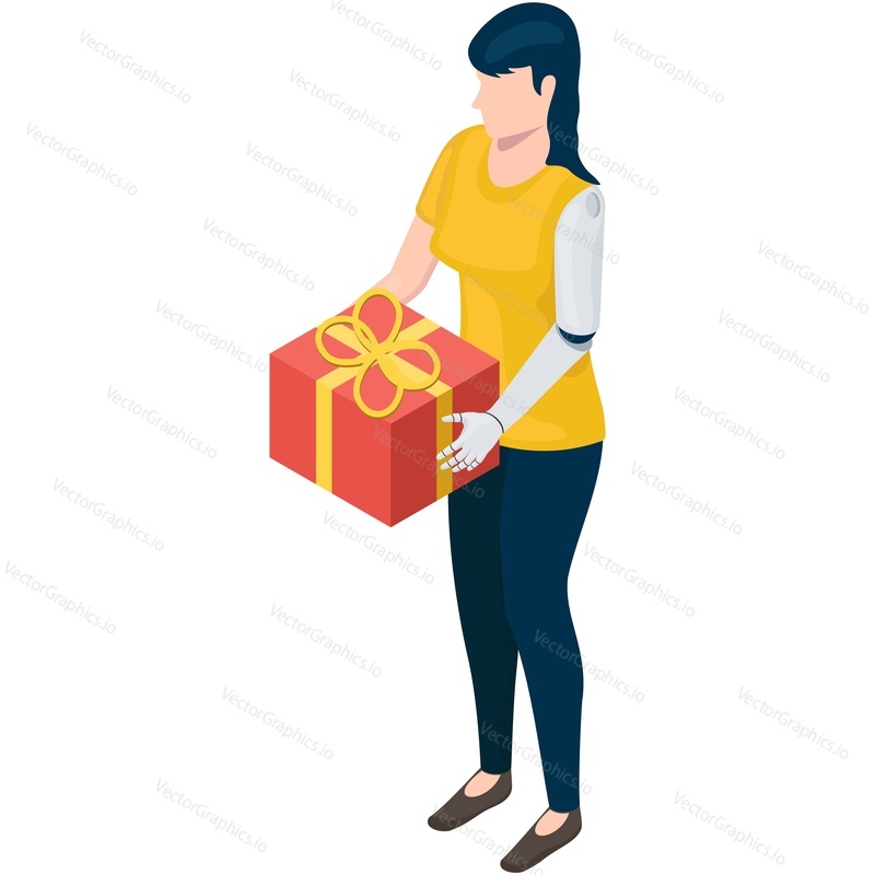 Isometric amputee woman with artificial arm limb holding gift vector. Injured person with prosthesis, people disability 3d illustration isolated on white background