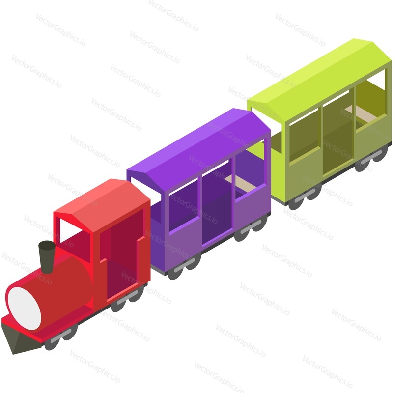 Vector train fairground or amusement park carnival attraction. Isometric circus or festival playground fun locomotive for children leisure isolated on white background