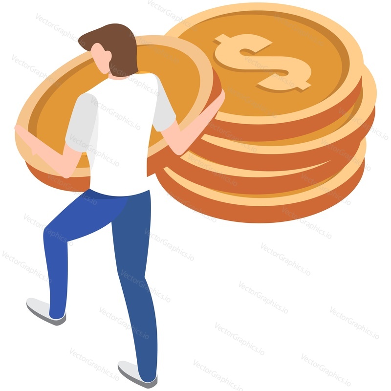 Man and money coin stack vector. Economy or investment 3d illustration. Budget increase, financial growth and success isometric icon isolated on white background