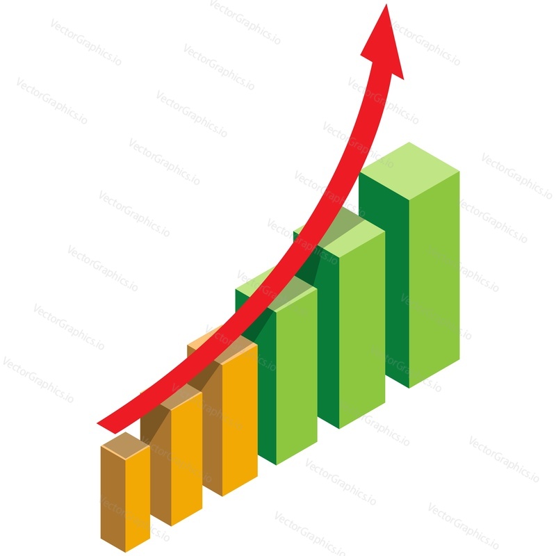 Graph growth vector. Business chart bar and arrow up icon. Diagram of success and graphic of profit, financial progress. Isometric infographic isolated on white background