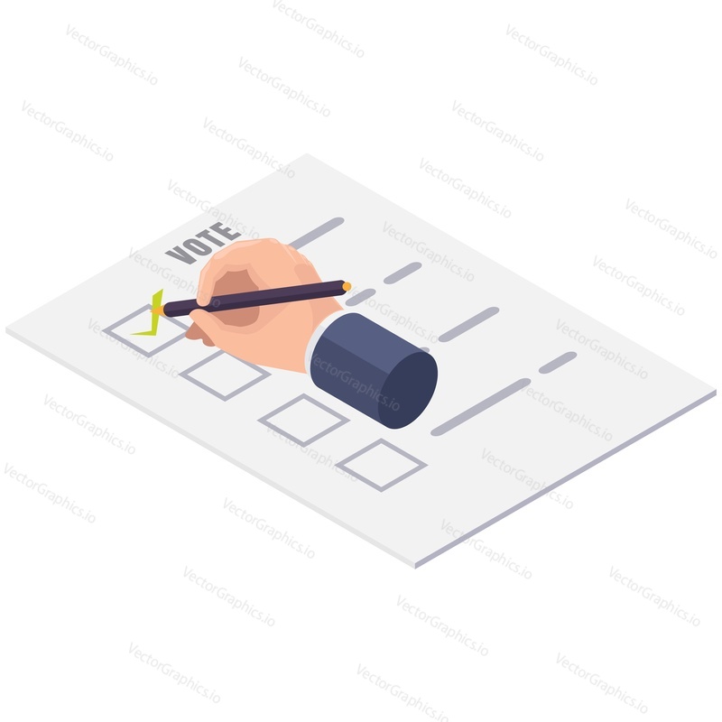 Vote list clipboard with hand vector. Isometric checklist survey form or questionnaire icon isolated on white background