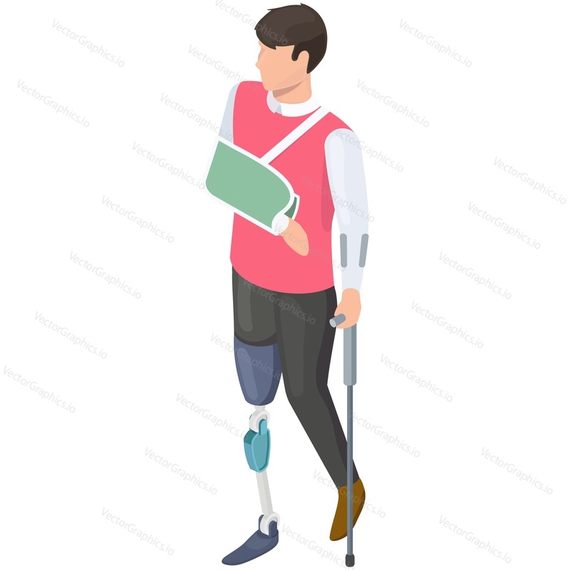 Vector amputee man with crutch, prosthetic leg and injured arm in bandage isolated on white background. Disabled people illustration