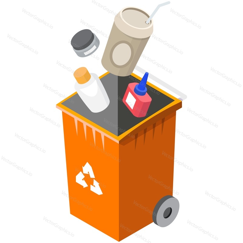 Plastic waste sorting garbage recycle trash can vector. Isometric ecology container for refuse separation and segregation. Orange recycling box isolated on white background