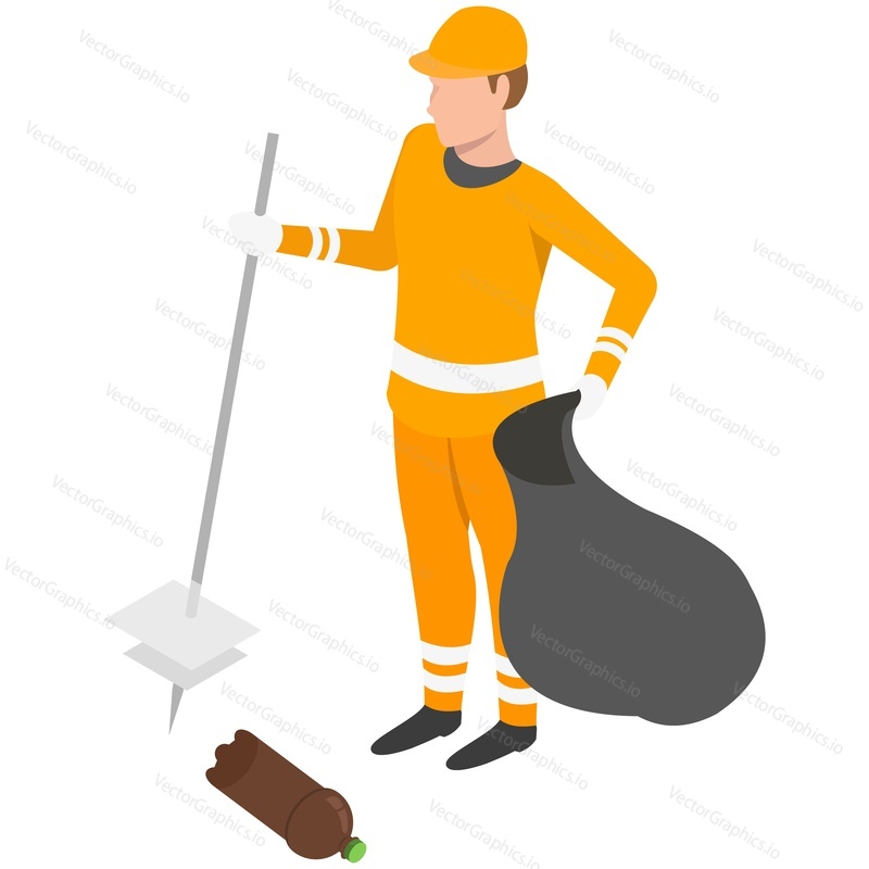 Man city worker pick up trash garbage vector. Isometric male person with bag clean environment from plastic waste isolated on white background. Environmental care