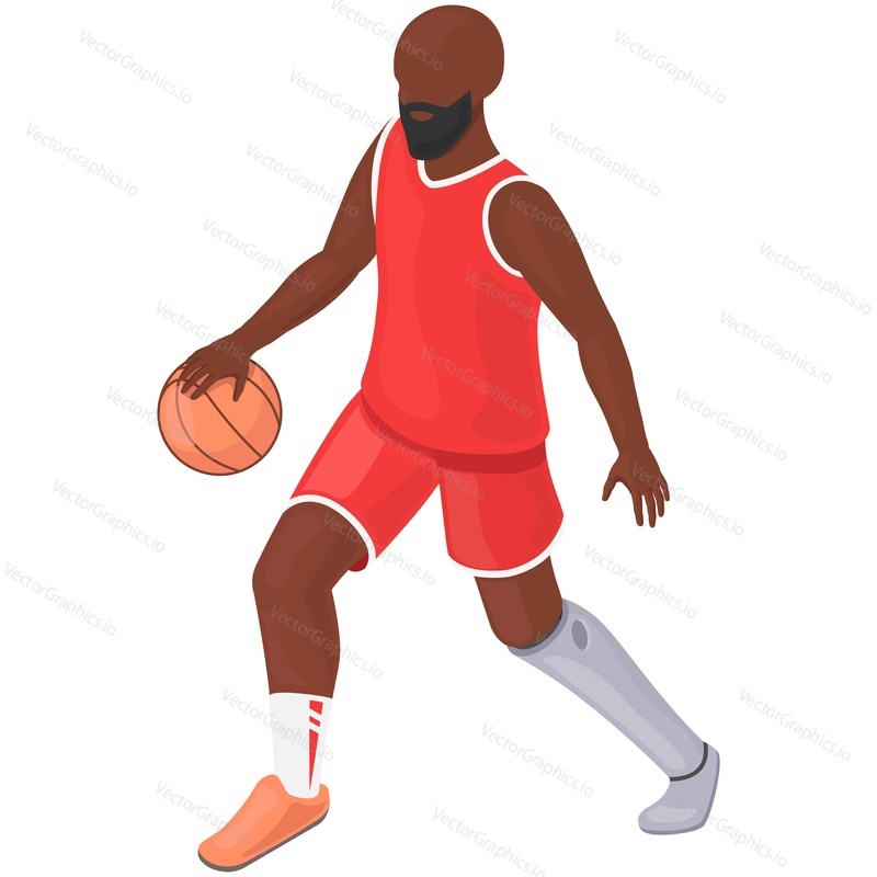 Disabled basketball player with prosthetic leg vector. Isometric amputee athlete character with disability and sport. Active man with bionic limb prosthesis isolated on white background