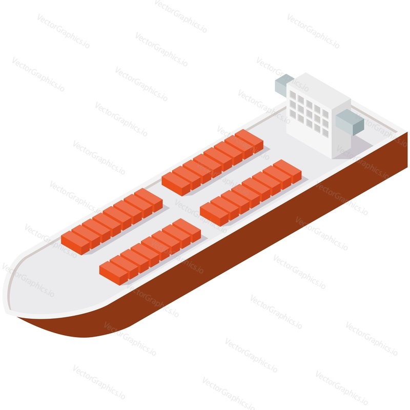 Isometric ship barge with cargo container vector. Boat vessel icon. Freight shipment or waste transportation isolated on white background