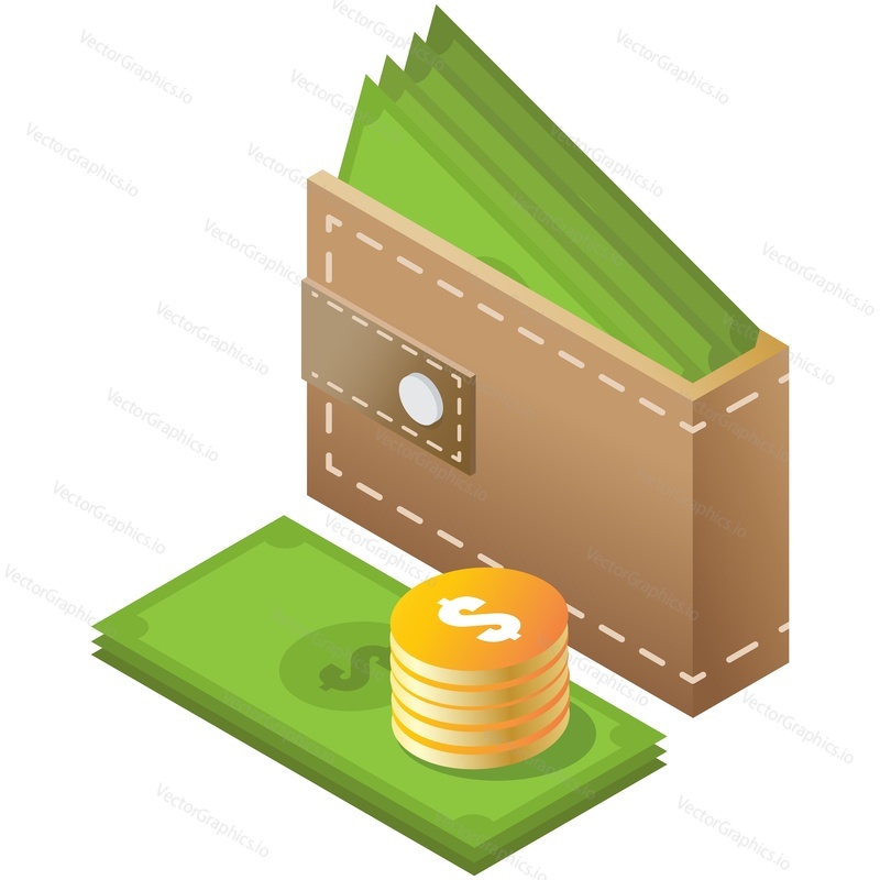 Wallet and money vector. Isometric cash, coin dollar pile and purse illustration isolated on white background. Bank deposit, salary, finance or commission