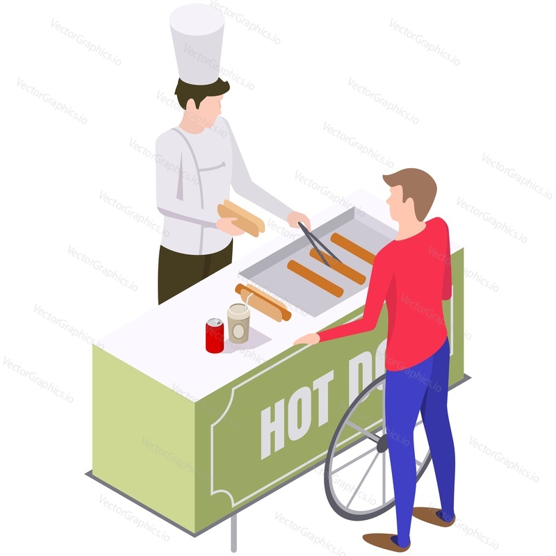 Hot dog booth cart food kiosk isometric vector. Vendor cooking hotdog fastfood at street market stand. Hungry customer waiting for snack. Amusement park element isolated on white background