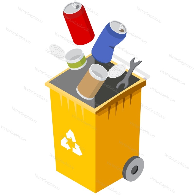 Stainless steel waste recycle trash bin vector. Isometric yellow garbage box for sorting rubbish isolated on white background. Refuse management and environment pollution control