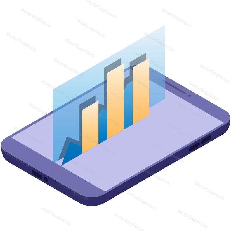 Business data graph chart on vector mobile screen. Finance or market analysis diagram on smartphone. Application for research and statistics collection. Isometric 3d phone isolated on white background