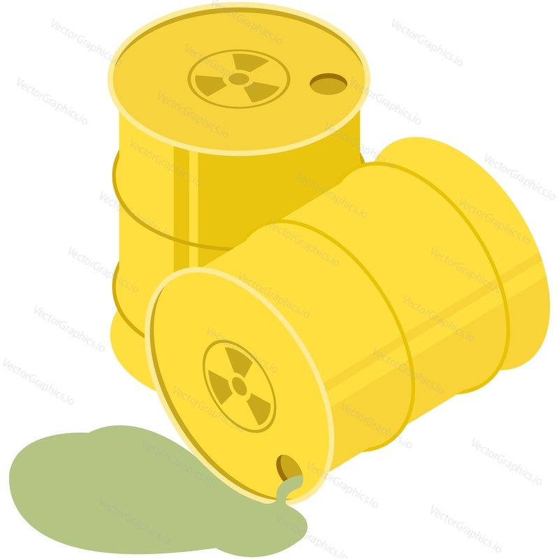 Spill chemical accident vector. Isometric barrel with danger radioactive waste. Industrial toxic material leak isolated on white background. Risk of environment contamination, pollution and ecology hazard