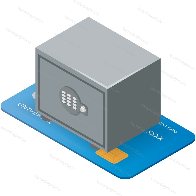 Card credit code lock isometric vector icon. Bank security, money safety and online shopping protection technology. Credit card and strongbox isolated on white background