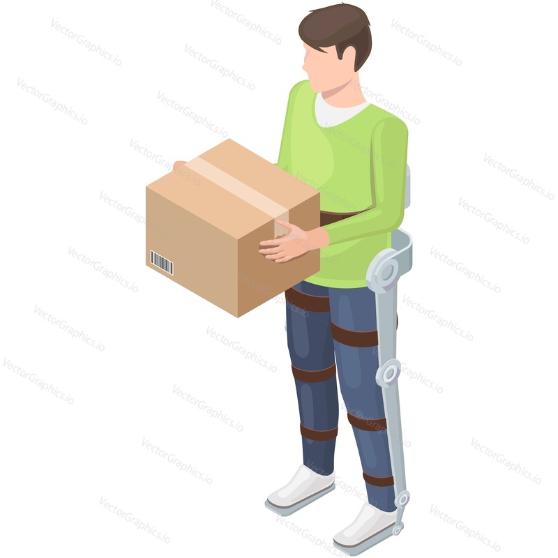 Man in exoskeleton lifting heavy box isometric vector. Robotic mechanical wearable walking suit for disabled people in work isolated on white background