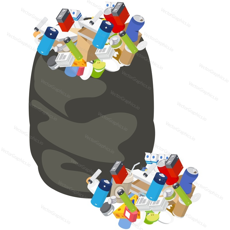 Garbage trash bag isometric vector. Plastic rubbish, e-waste and food dumpster. Polythene sack full of smelly refuse isolated on white background