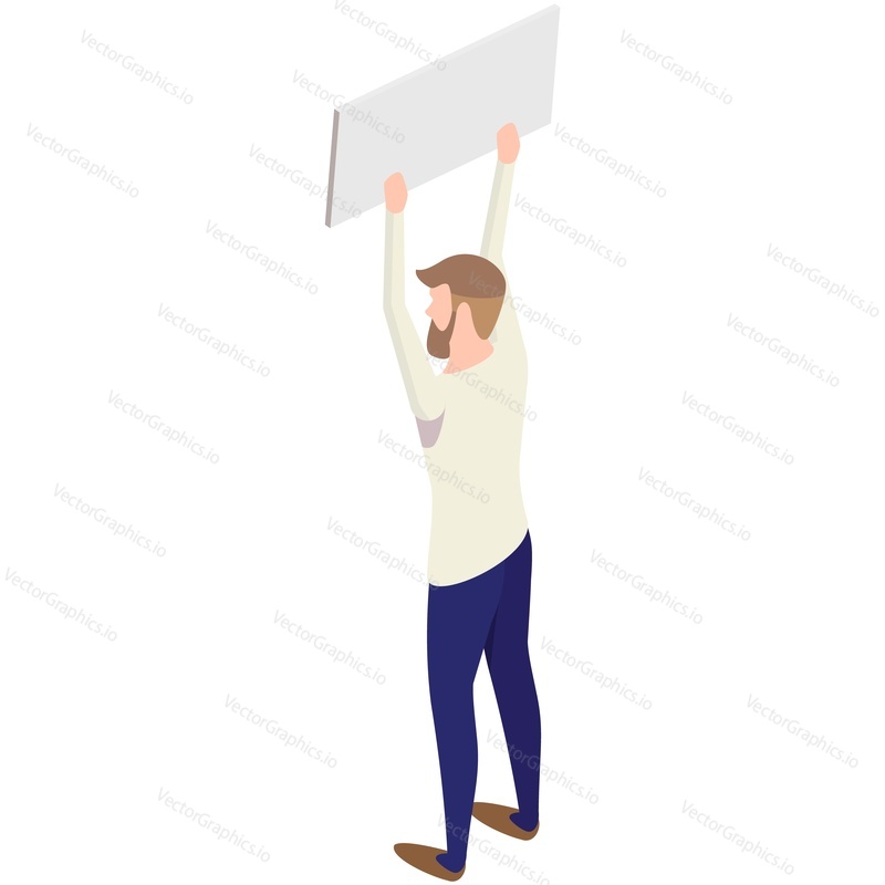 Man on strike, protest, political picket isometric vector. People activist with board sign placard isolated on white background