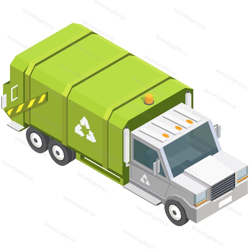 Truck for waste recycle vector. Isometric rubbish disposal car. Green city dumpster with garbage trash container vehicle isolated on white background