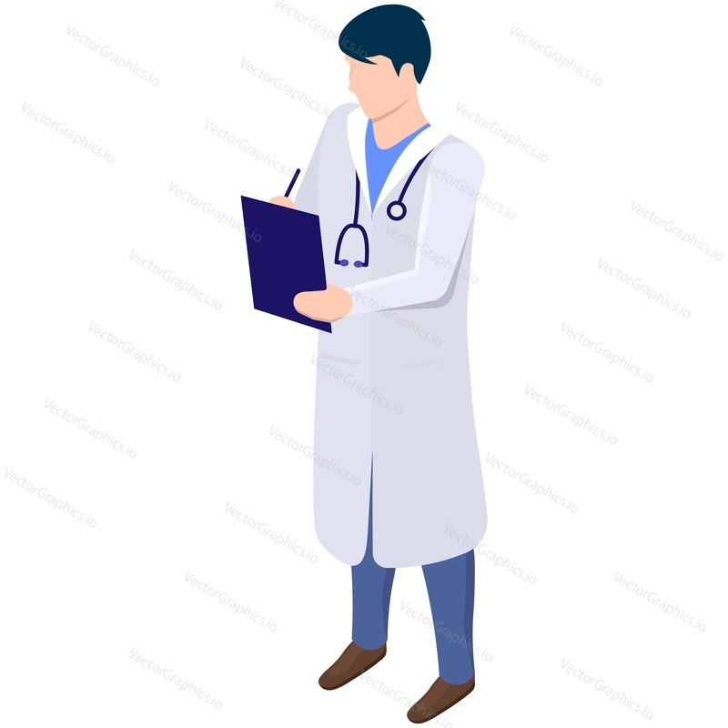 Doctor vector. Isometric male medic making note health and drug recipe medical prescription in patient card isolated on white background