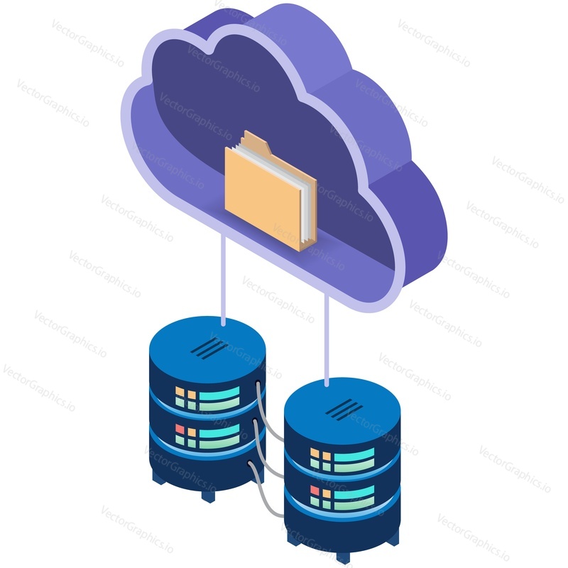 Cloudové úložiště dat isometrický vektor serveru podnikových technologií. Složka dokumentů obchodní databáze stahování, nahrávání a zálohování. Datacenter 3D ilustrace izolovaných na bílém pozadí