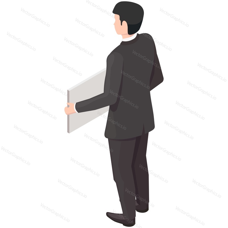 Businessman holding board vector. Isometric business man wearing suit holding sign placard in hand participating in political manifestation or social strike isolated on white background