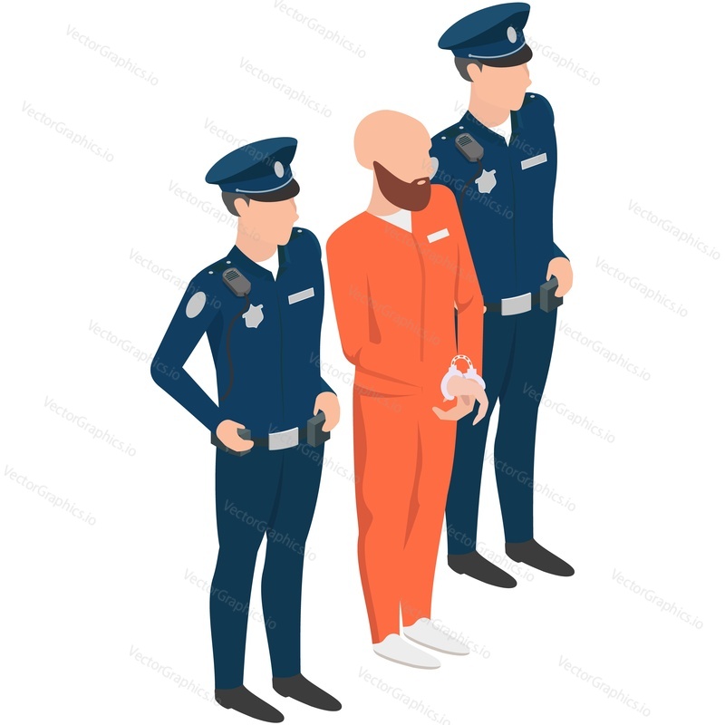 Policemen holding handcuffed criminal in orange prison uniform isometric vector. Two police officer and prisoner isolated on white background