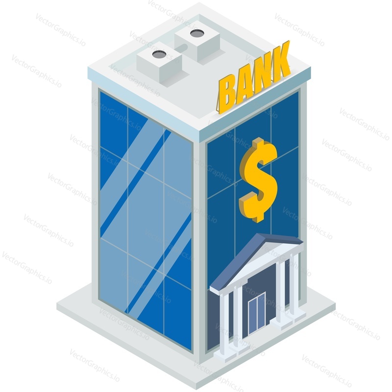 Modern glass bank building financial commercial structure architecture 3d vector. Mobile electronic baking icon isolated on white background