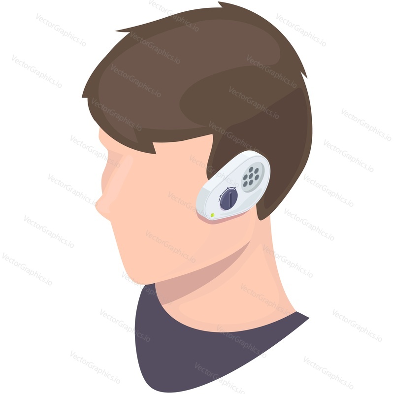 Aid hear vector ear hearing device isolated icon. Isometric man with deaf disability wearing digital audiology medical earmould on white background