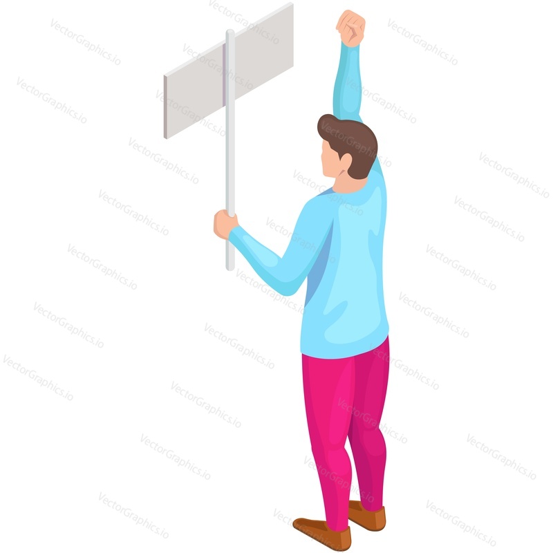 Man hold protest board banner sign in hand vector. Guy activist participating in revolution, strike, guy, political demonstration or picket isolated on white background