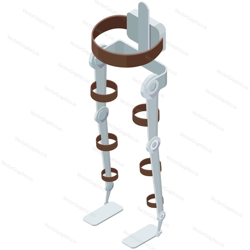Векторная изометрическая иконка медицинского носимого экзоскелета для ходьбы. Искусственный бионический ортопедический силуэт усовершенствованного тела человека. Технология роботизированных протезов для реабилитации инвалидов, выделенная на белом фоне