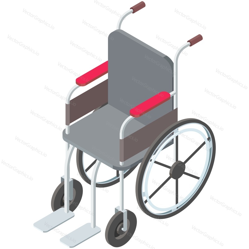 Invalidní vozík vektor. Izometrická ikona invalidního vozíku. Zařízení zdravotně postižené mobility, bezpečnost dopravy pro paraplegické osoby izolovaných na bílém pozadí. Lidé fyzická rehabilitace a zotavení