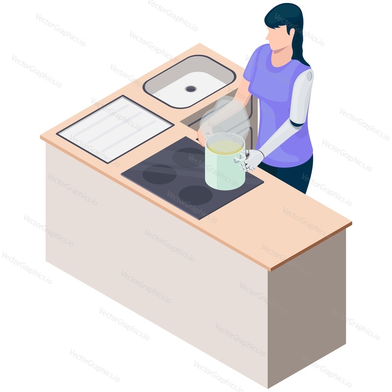 Amputee woman with bionic hand vector. Isometric female character with hand prosthetics cooking on kitchen isolated on white background. Handicapped people lifestyle